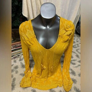 Lucky Brand Yellow Floral Print Vneck Boho Tassel Top Size Small
